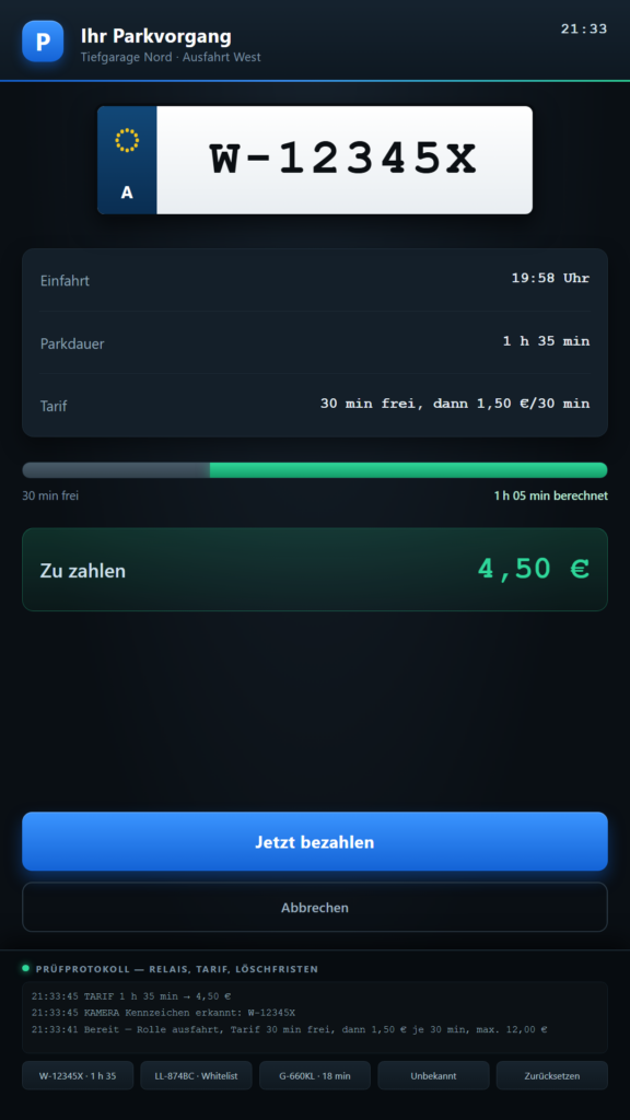 Kennzeichen erkennen, Tarif berechnen - Tiefgarage, Ausfahrt-Terminal
